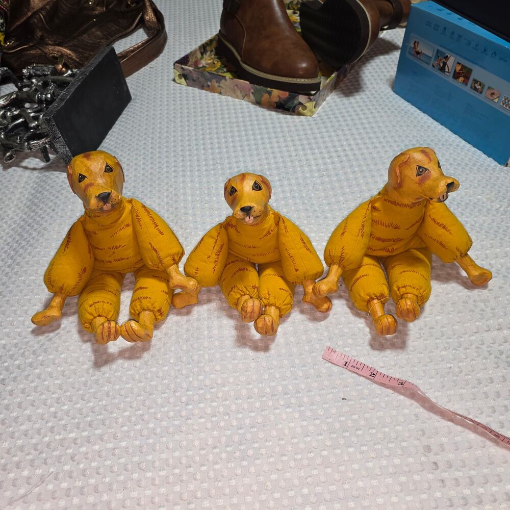 VINTAGE HANDCRAFTED STUFFED DOG SET OF 3 BENCH SITTERS FOLK ART